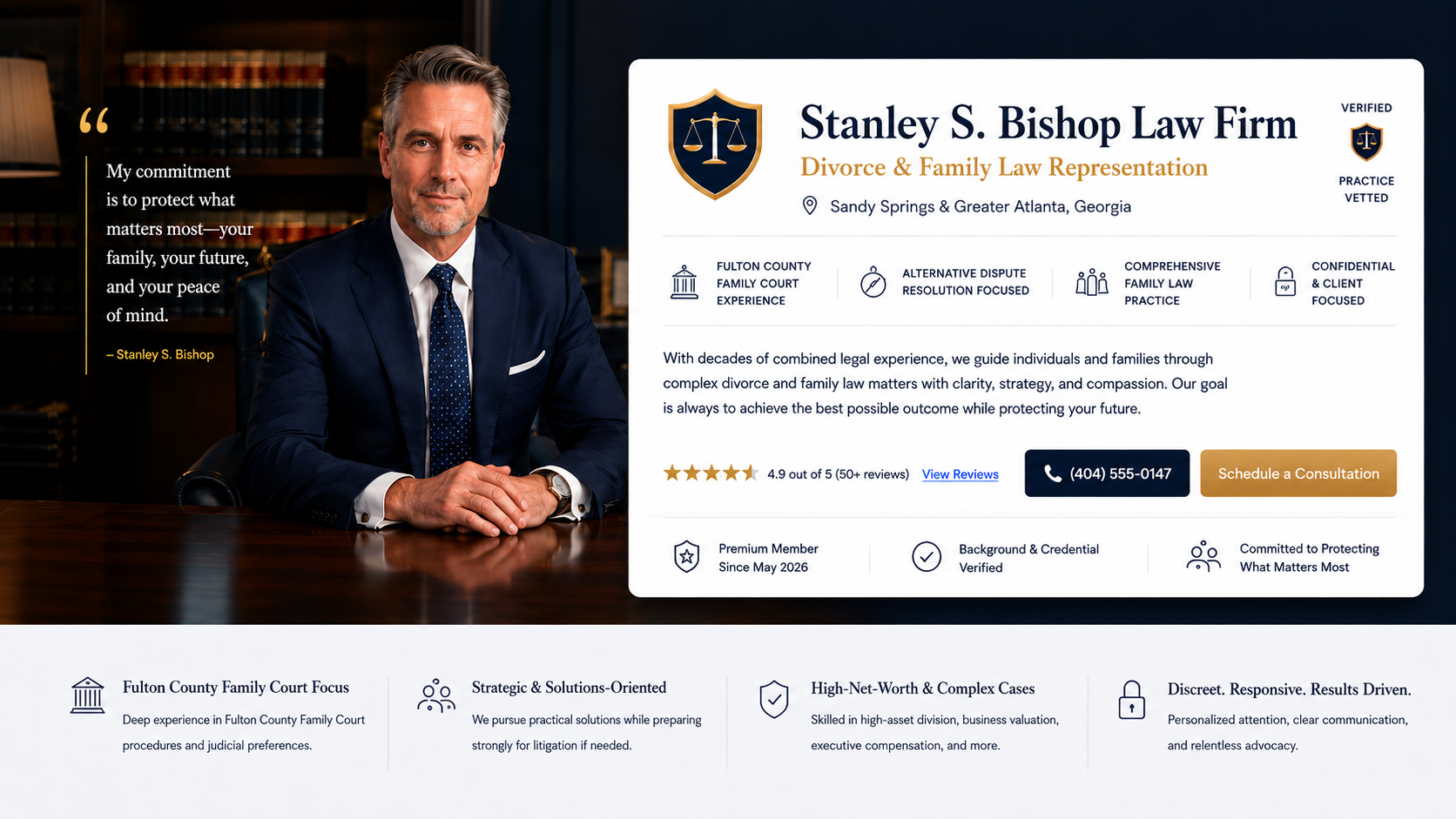 Fictitious Stanley S. Bishop Law Firm divorce attorney profile featuring an attorney portrait, Sandy Springs and Greater Atlanta service area, family-law practice highlights, review information, and consultation details.