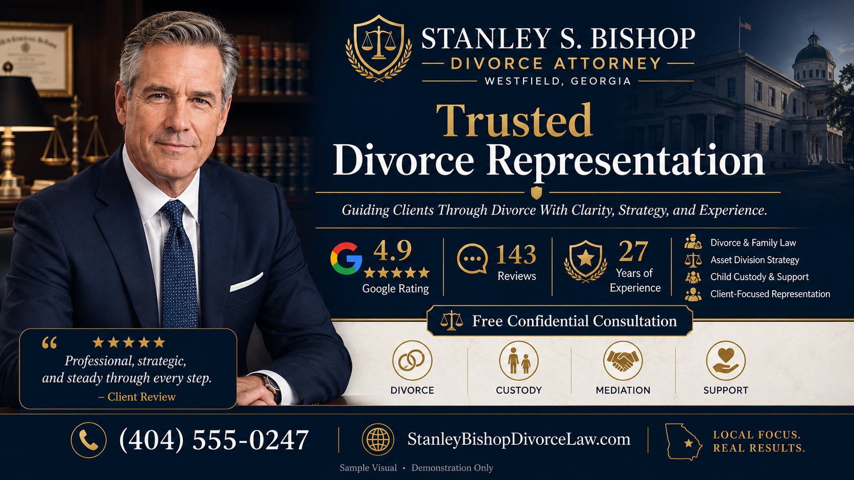 Fictional divorce attorney Stanley S. Bishop featured in a professional Credibility Visual highlighting a 4.9 Google rating, 143 reviews, 27 years of experience, divorce representation, asset division, child custody, mediation, and support services.